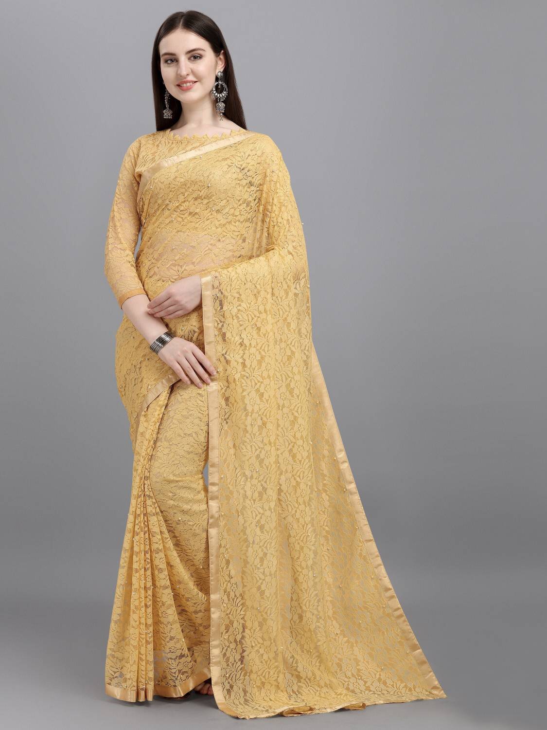 LOROFY Self Design Bollywood Net Saree (Beige)