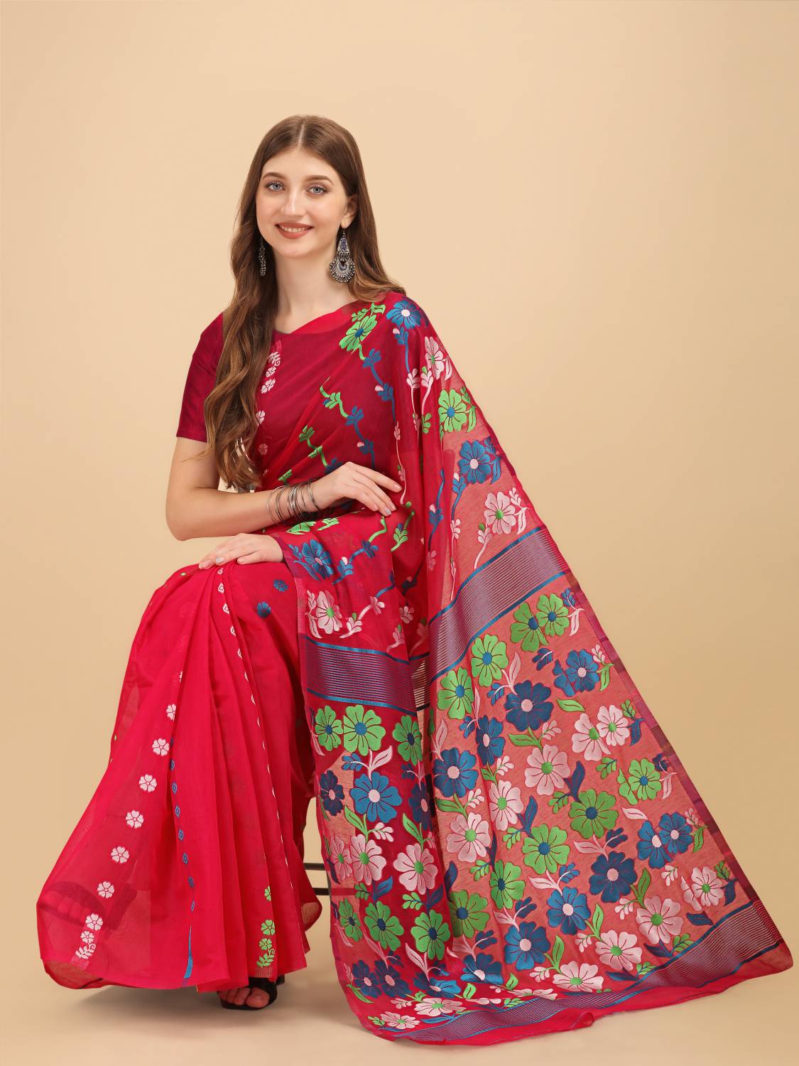 Calytrix Woven Jamdani Pure Cotton Saree