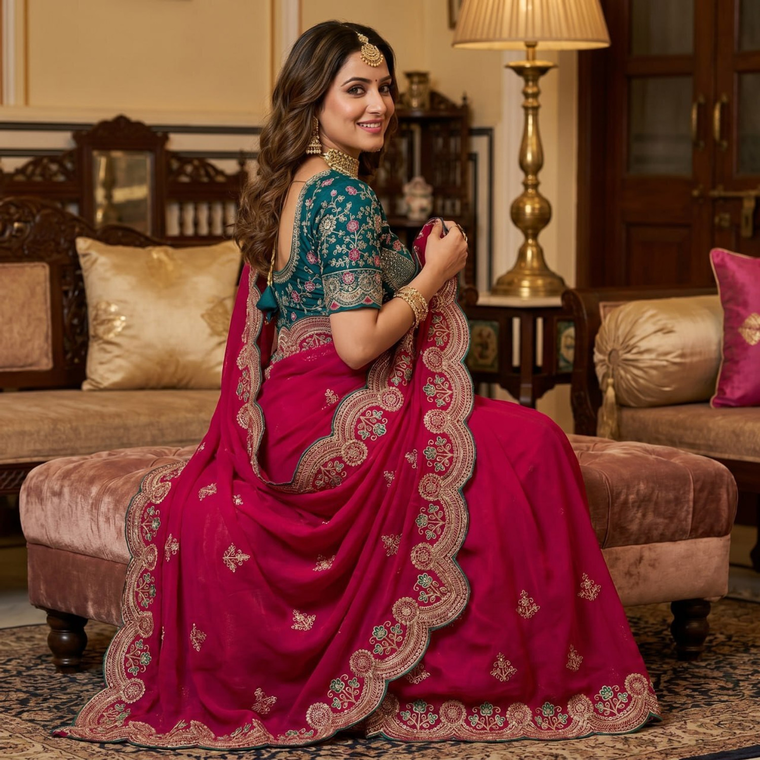 Image of Munir Clothing Embroidered Bollywood Satin Saree (Pink)
