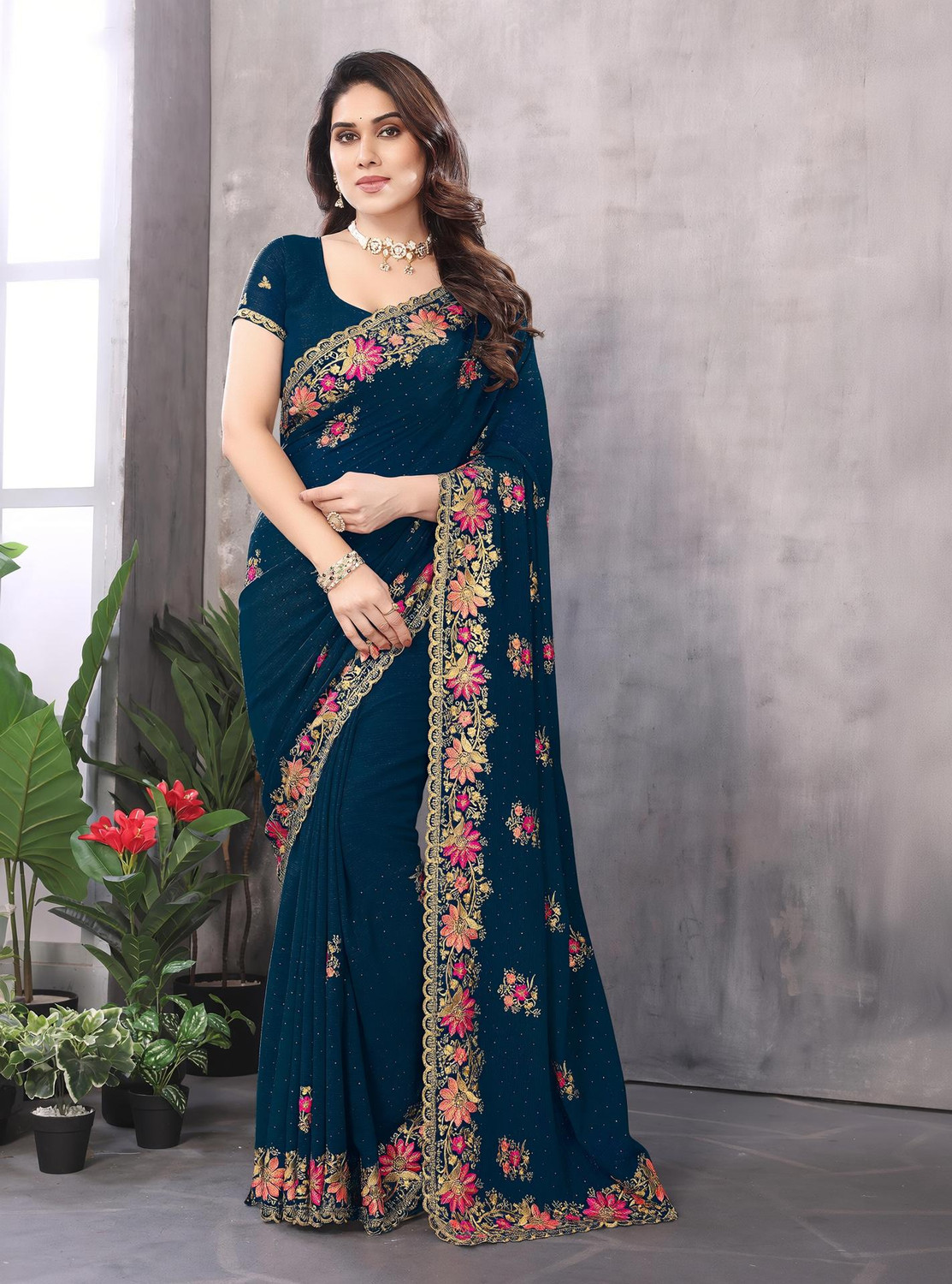 Image of Radheradhey Embroidered, Floral Print Bollywood Georgette Saree