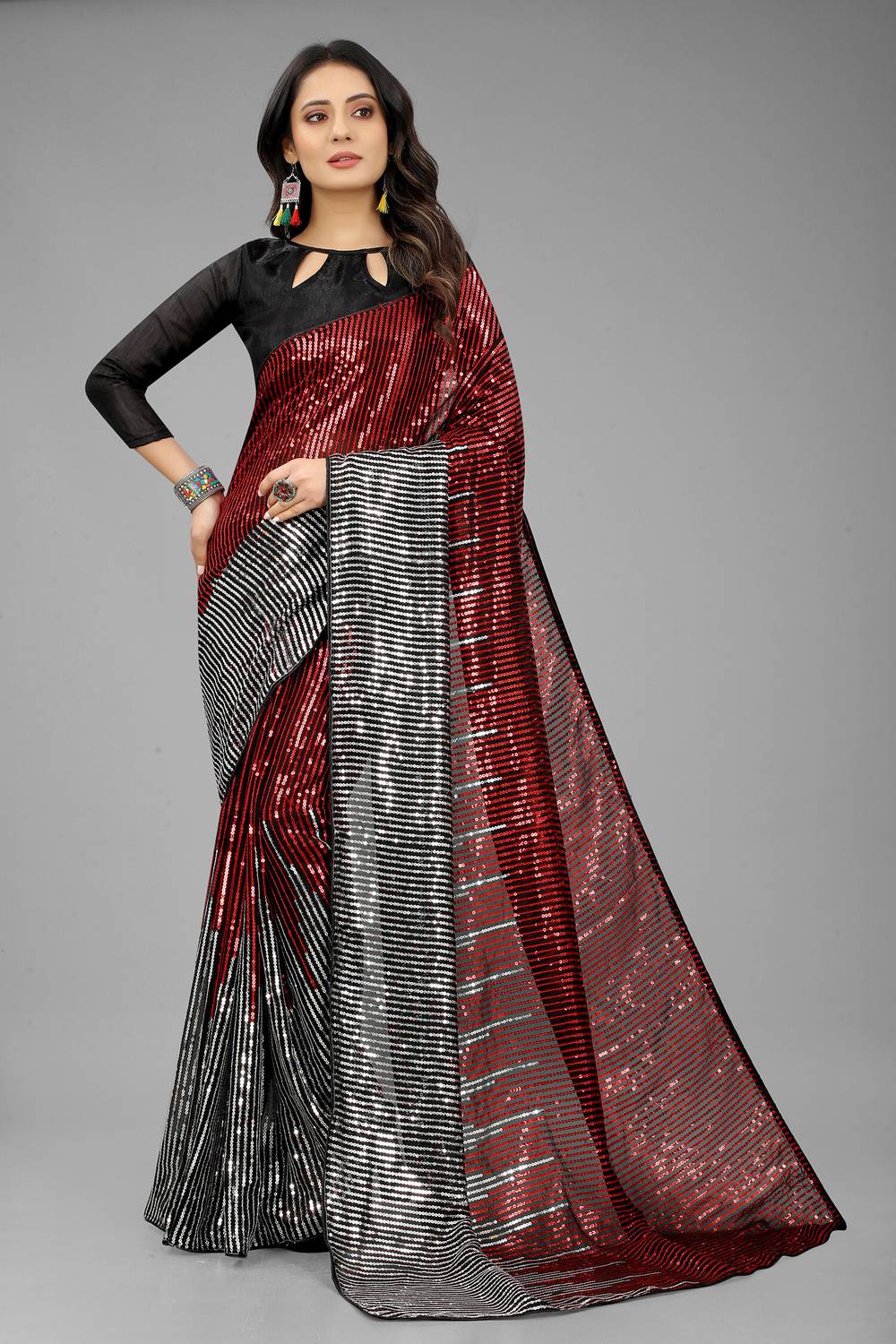 3Buddy Fashion Striped, Embroidered Bollywood Georgette Saree