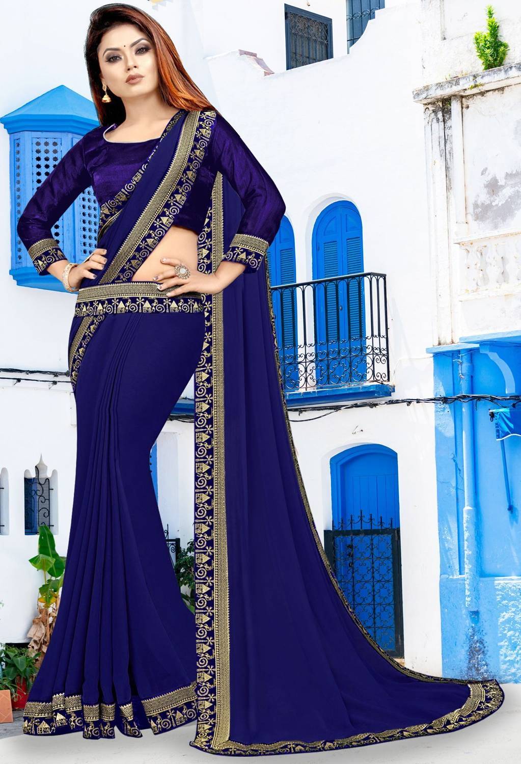 HNC Retail Solid/Plain Bollywood Lycra Blend, Chiffon Saree (Blue