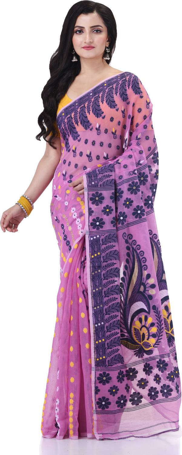 TANTLOOM Woven Jamdani Handloom Cotton Blend Saree (Pink)