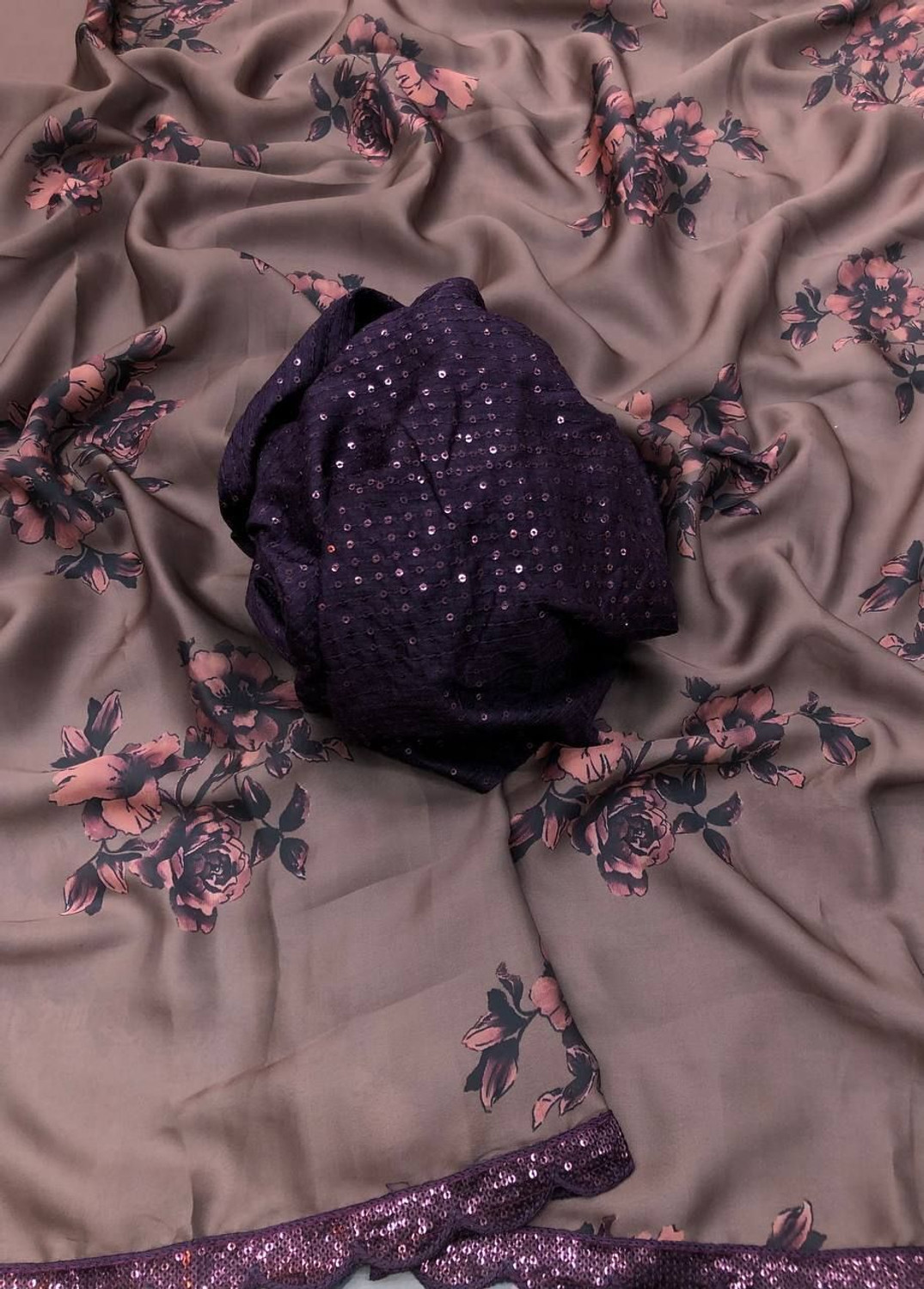 Image of SILKORA Floral Print, Embellished Bollywood Satin, Georgette Saree