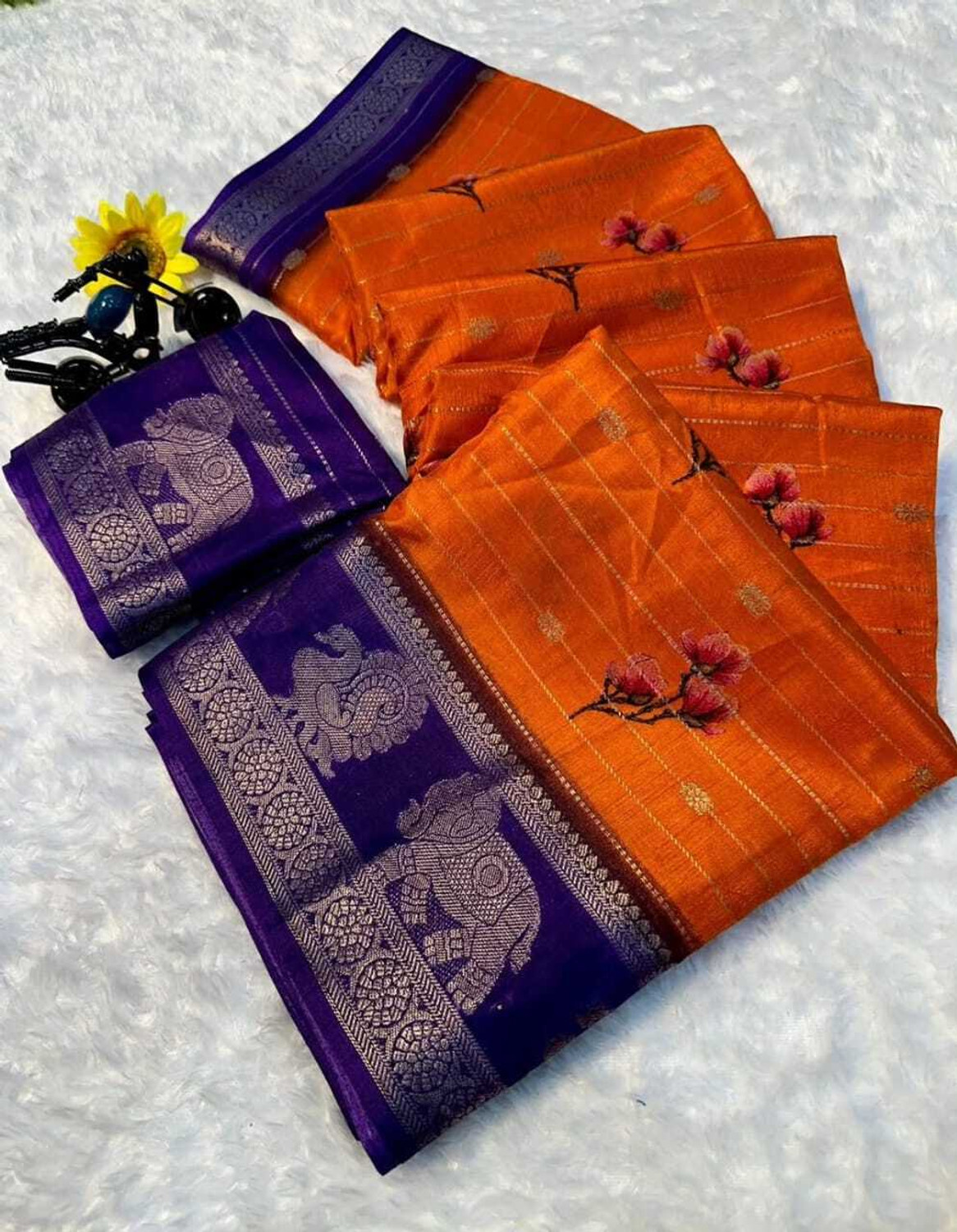 Image of Lincy Striped, Floral Print, Woven Bollywood Cotton Blend Saree