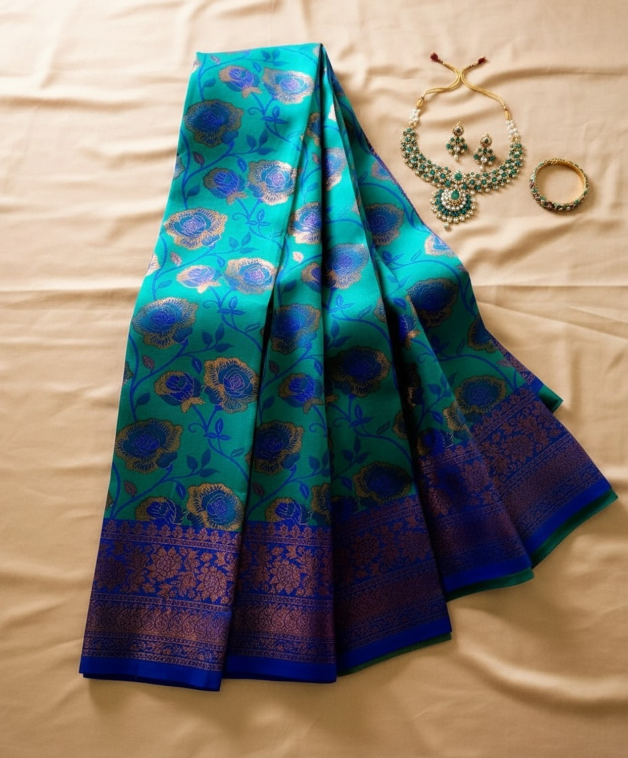 Image of BEAUTIFUL PEACOCK SAREES Floral Print Chettinadu Cotton Silk Saree