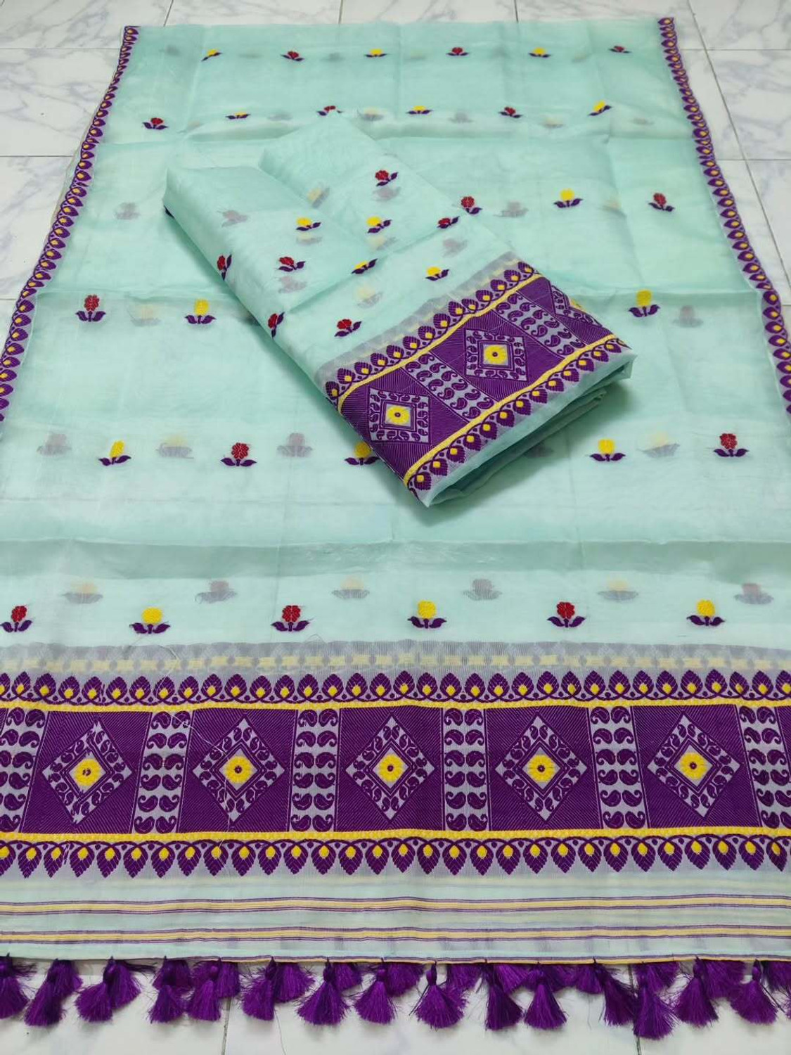 Image of GRUJHA Self Design Mekhela Chador Cotton Blend Saree