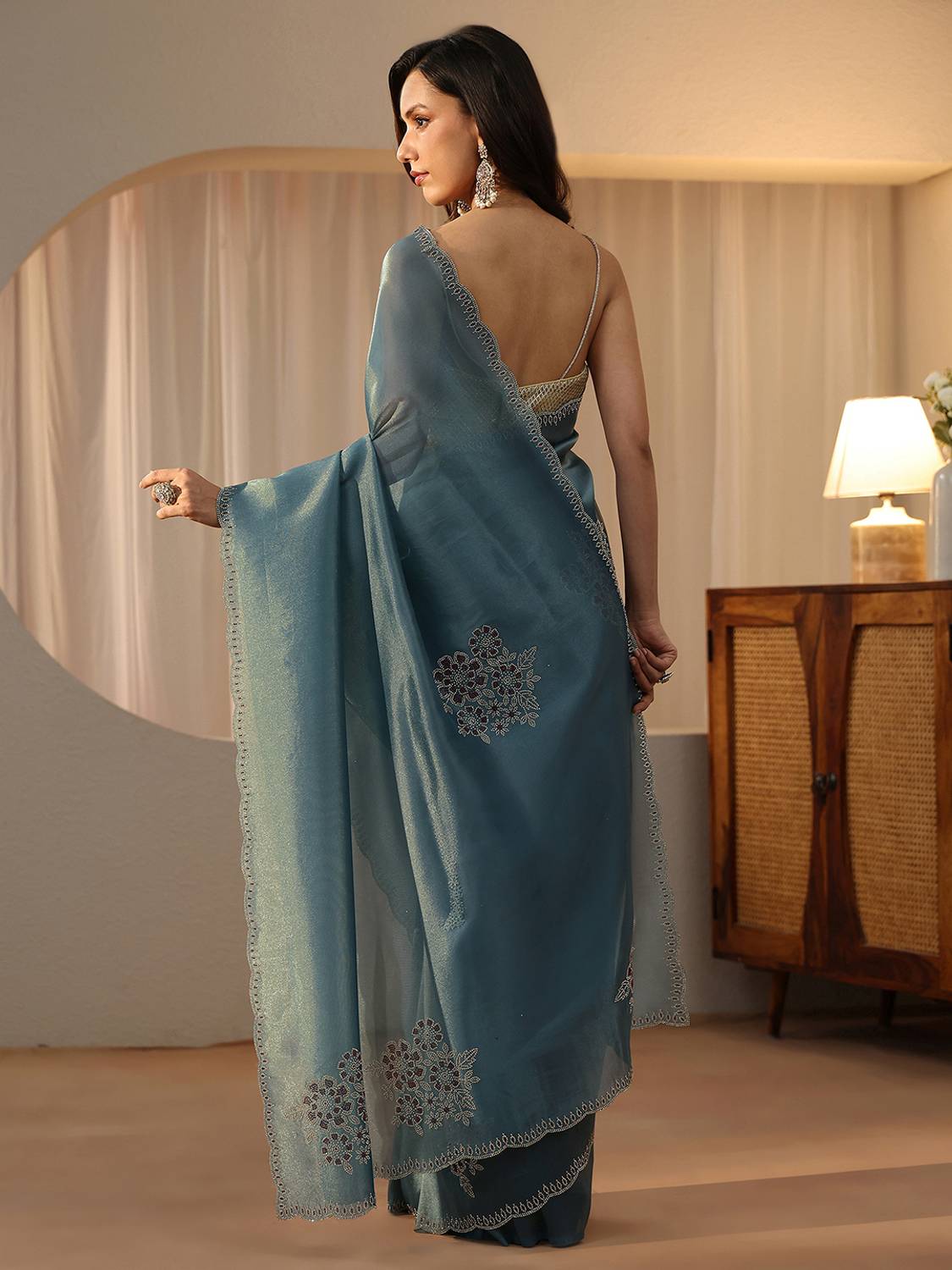LIBAS Embellished Banarasi Tissue Saree Blue - Image 4