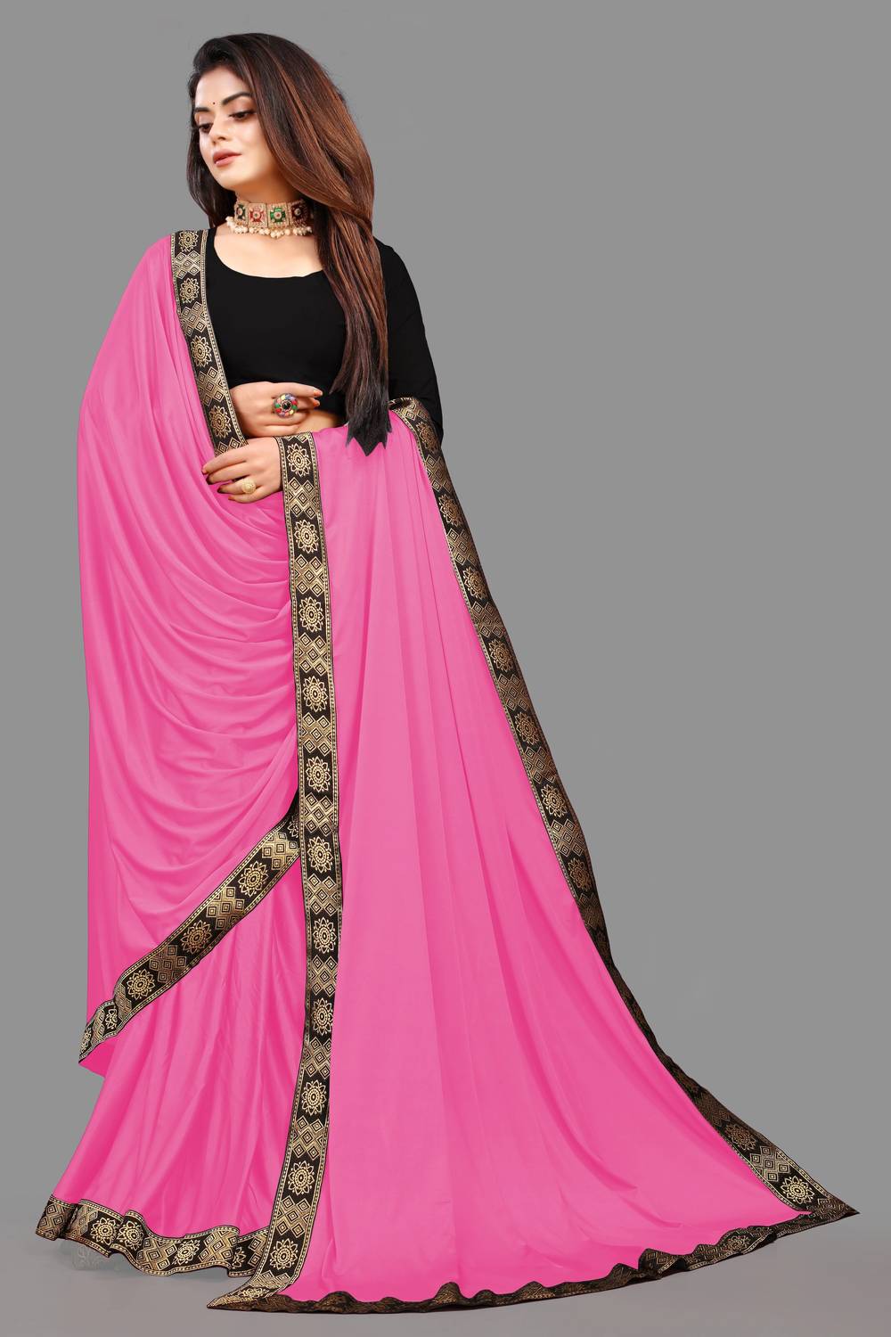 3Buddy Fashion Temple Border Daily Wear Lycra Blend Saree
