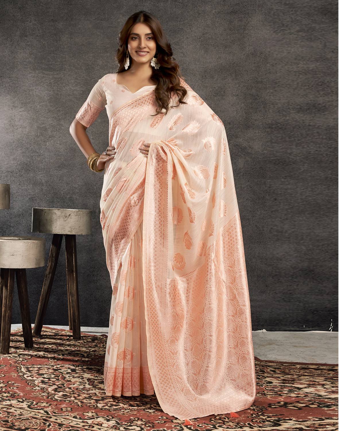 Satrani Dyed, Woven, Embellished Chanderi Silk Blend Saree (Cream