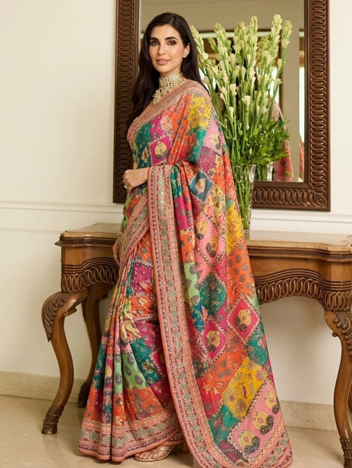 Image of DRISHTI CREATION Geometric Print Bollywood Dupion Silk, Jute Silk Saree