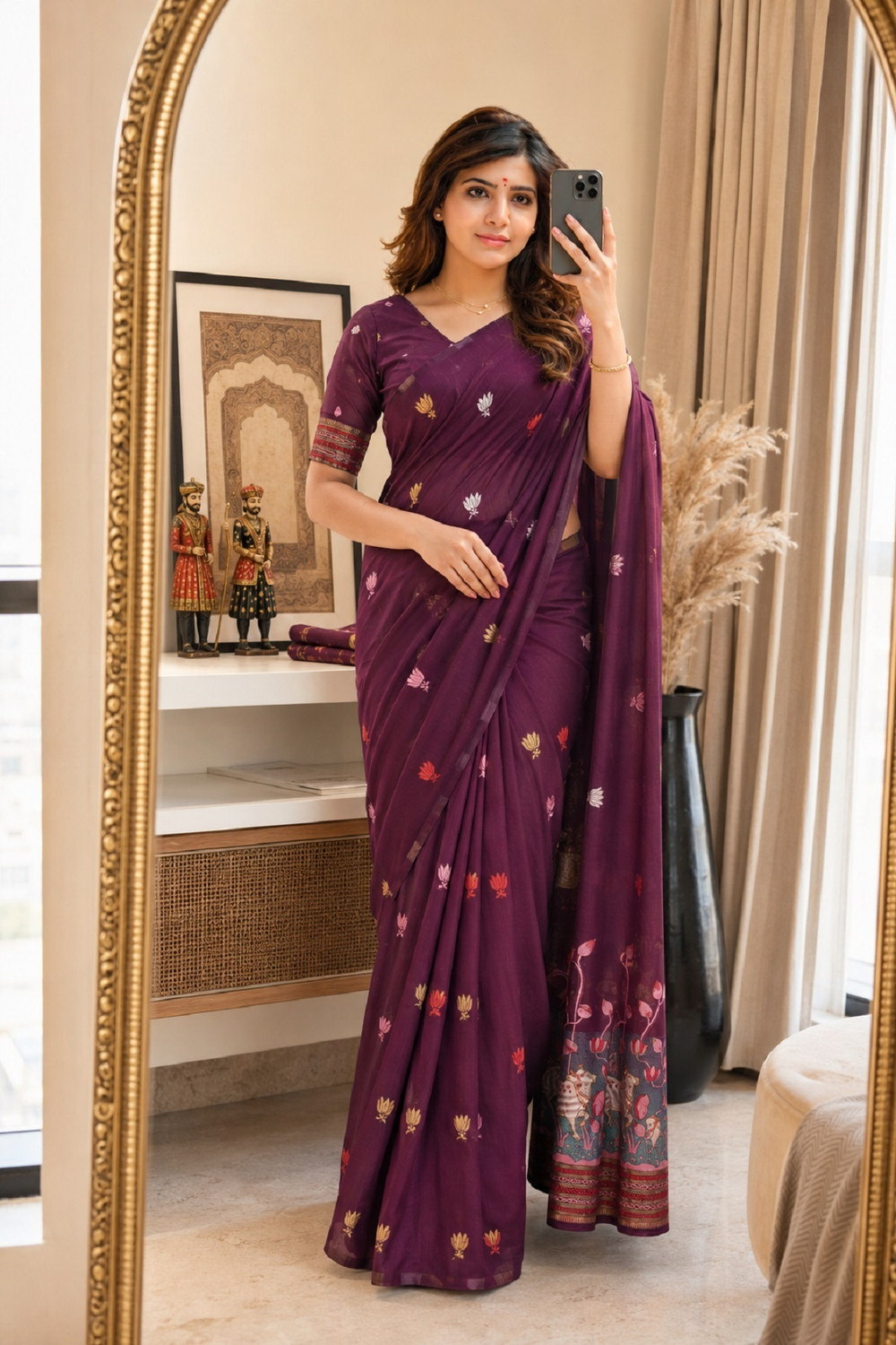 Image of Adakara Embroidered Banarasi Linen Saree (Purple)