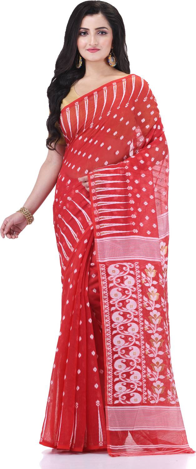 TANTLOOM Woven Jamdani Handloom Cotton Blend Saree (Red)