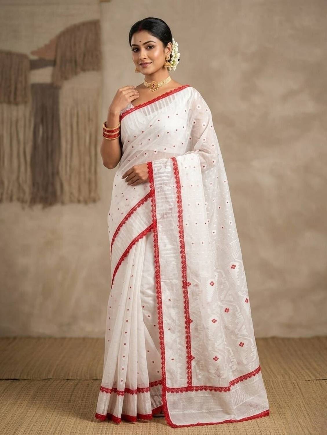 BargitFashion Embroidered Jamdani Cotton Silk Saree