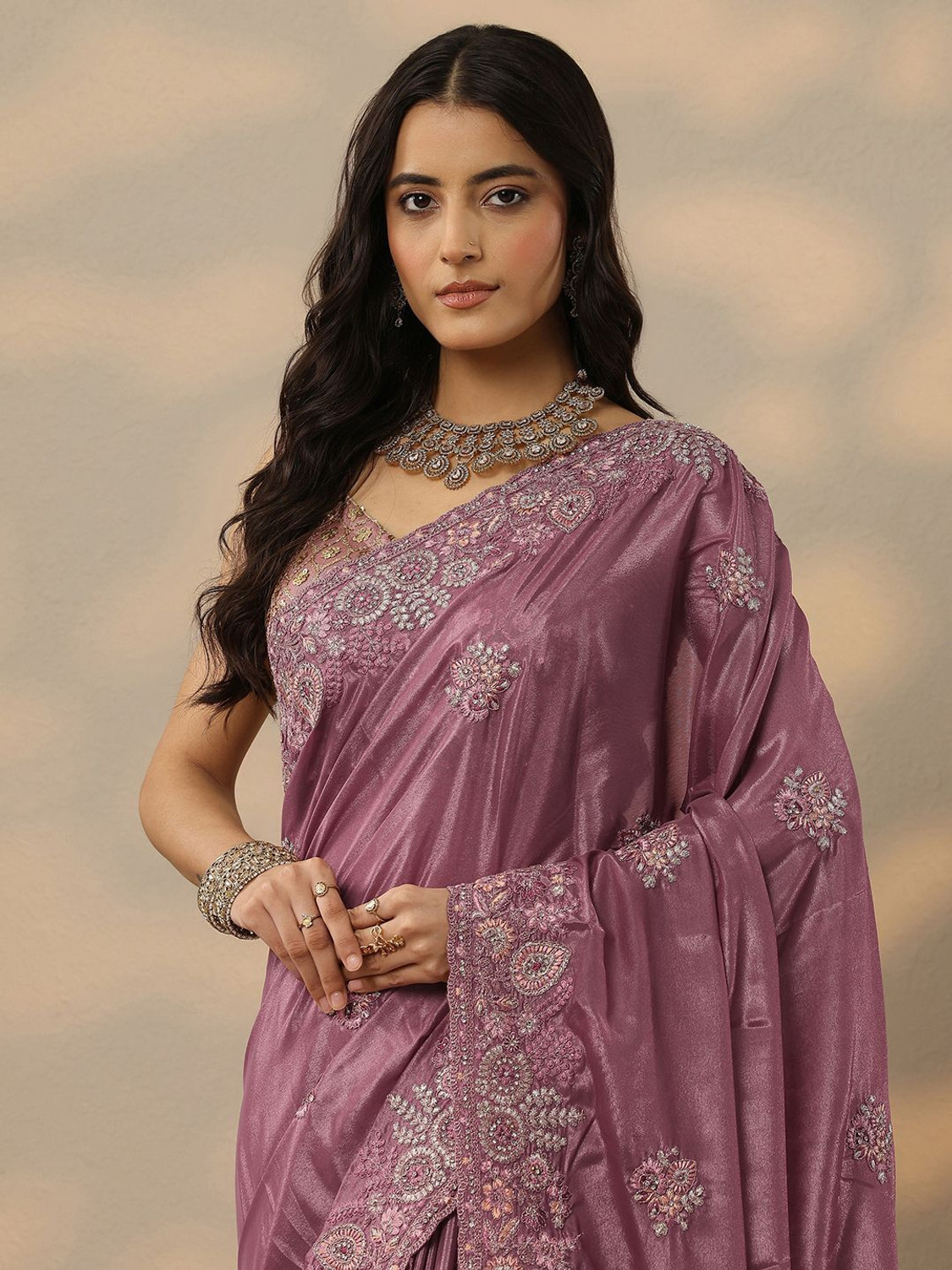 Image of LIBAS Embroidered Daily Wear Crepe Saree