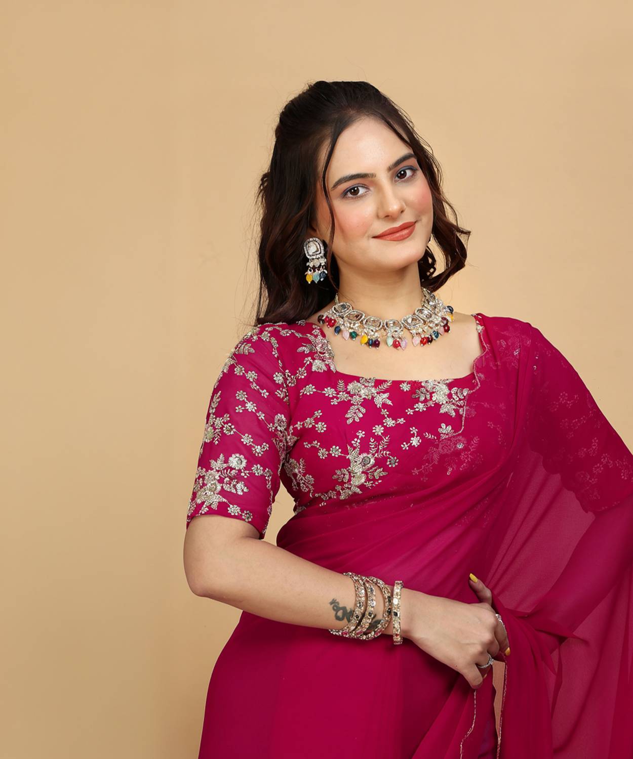 K 5 FASHION Embroidered Bollywood Georgette Saree (Pink)