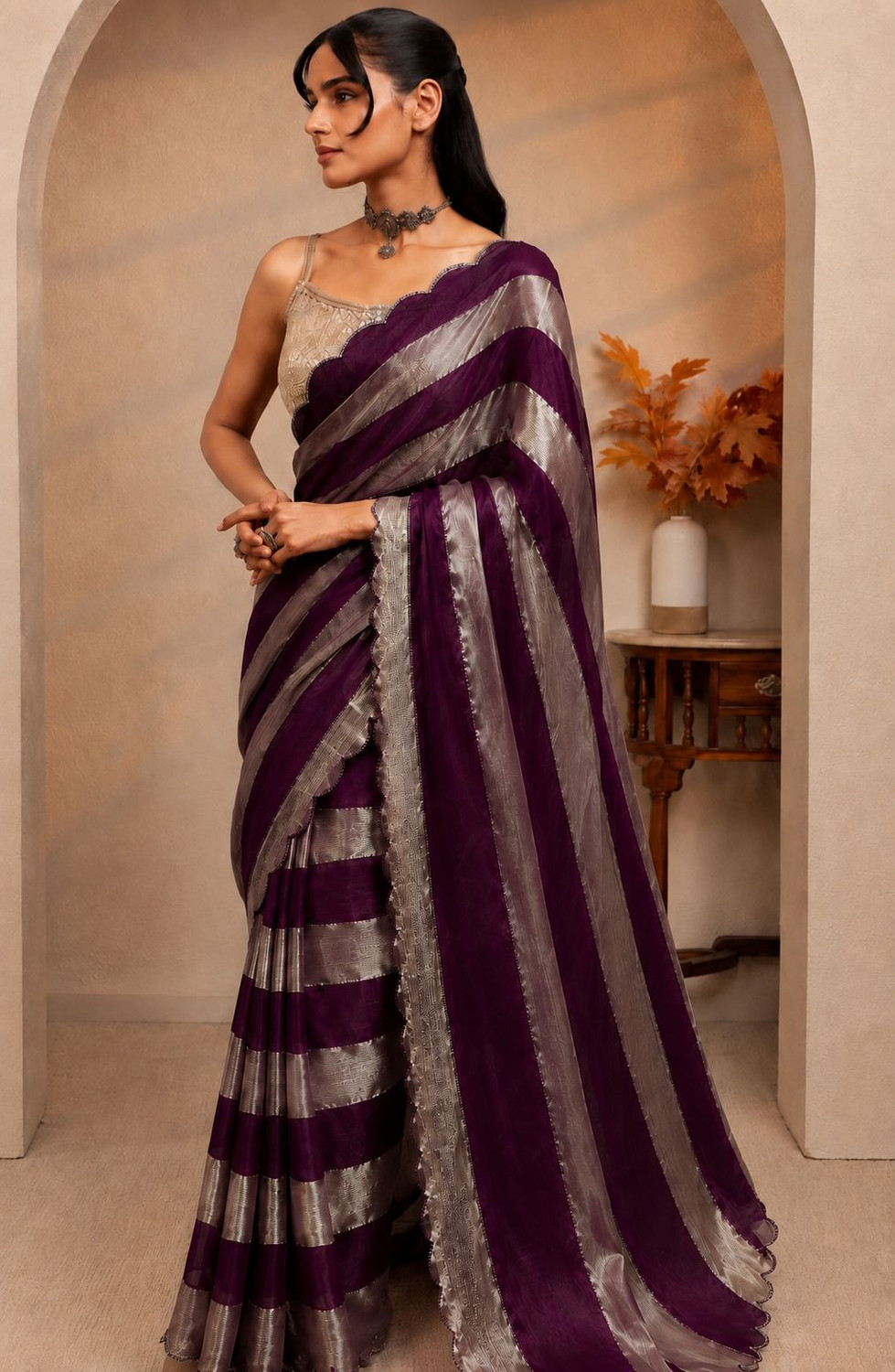 Image of Jay Bajrang Fashion Striped Bollywood Tissue Saree (Purple)