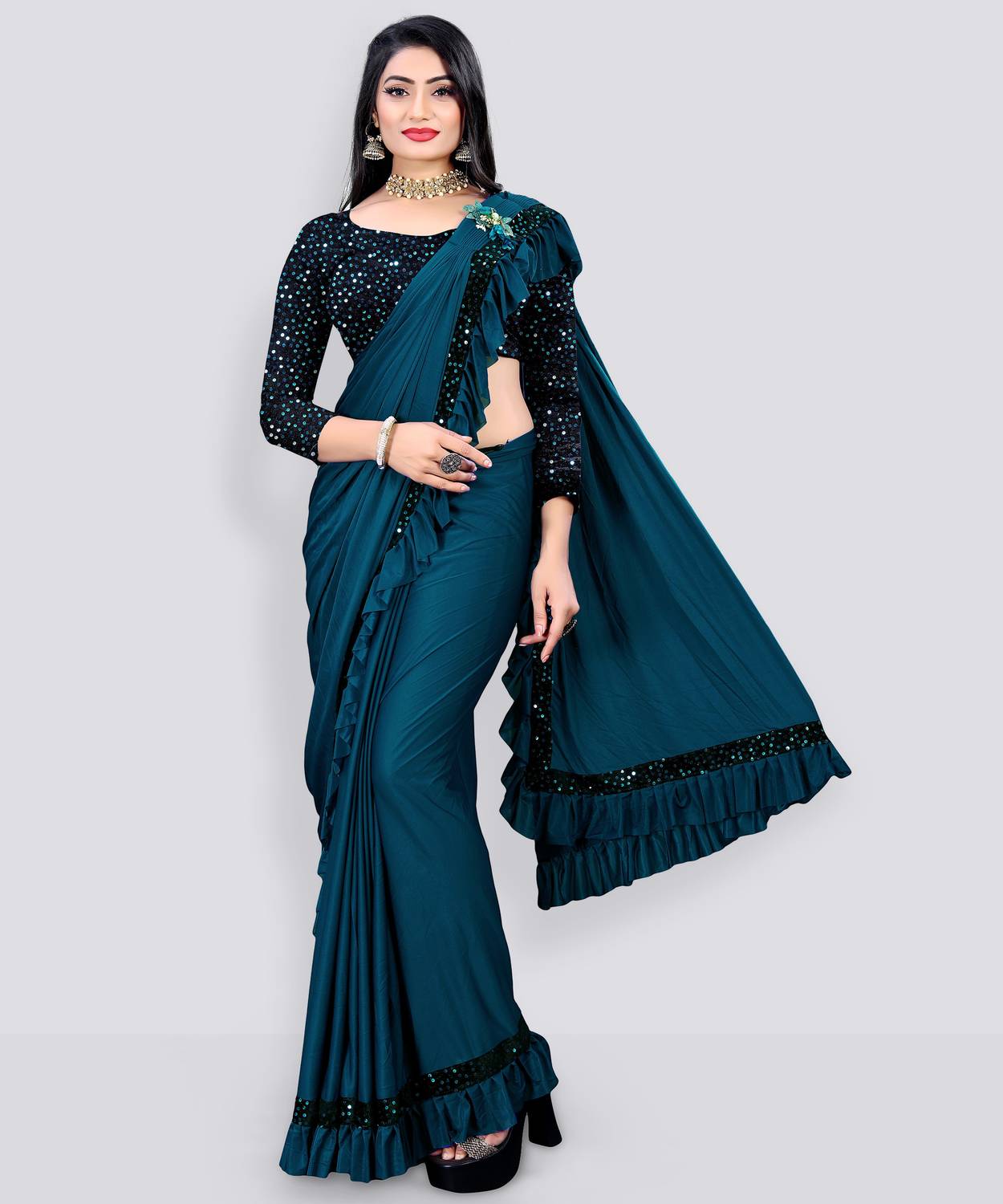 MIJAASHREE Solid/Plain Bollywood Lycra Blend Saree (Blue, Black)