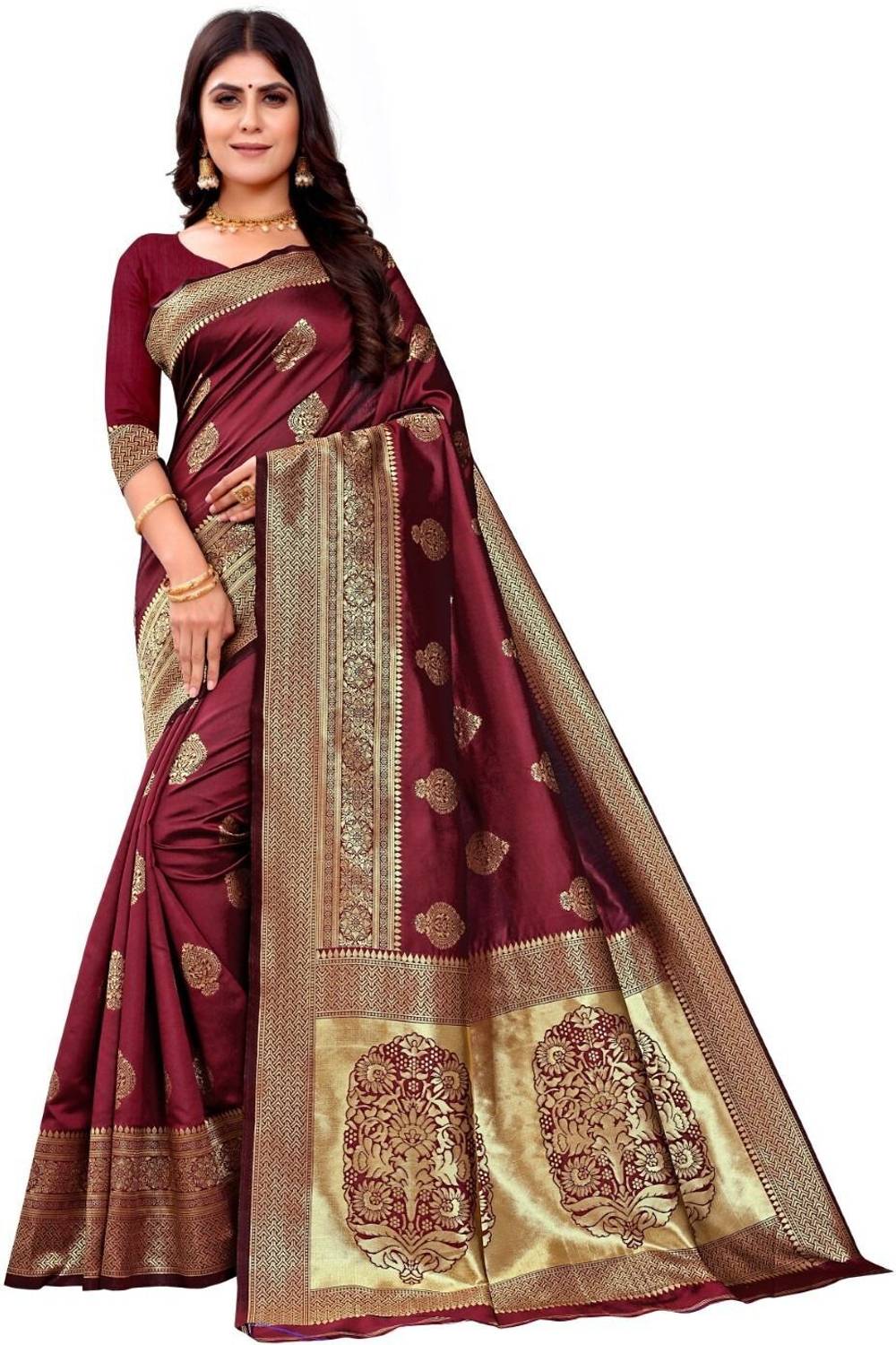 TIGERSNAKE Woven Kasavu Silk Blend Saree (Maroon)