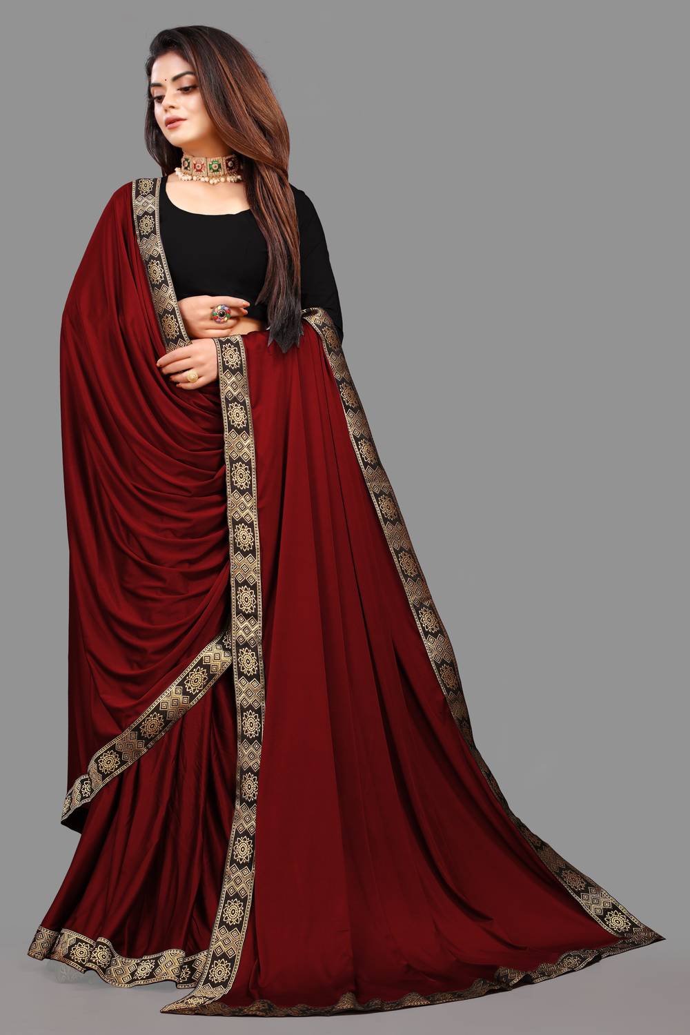 3Buddy Fashion Temple Border Daily Wear Lycra Blend Saree