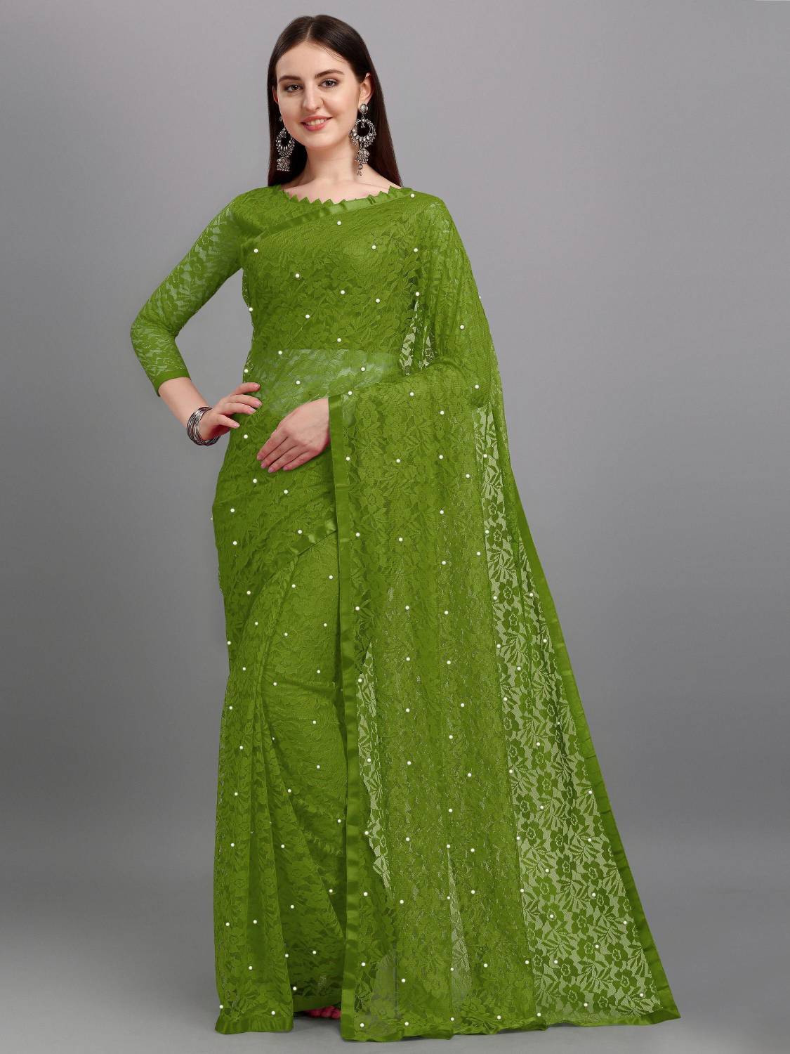 LOROFY Self Design Bollywood Net Saree (Green)