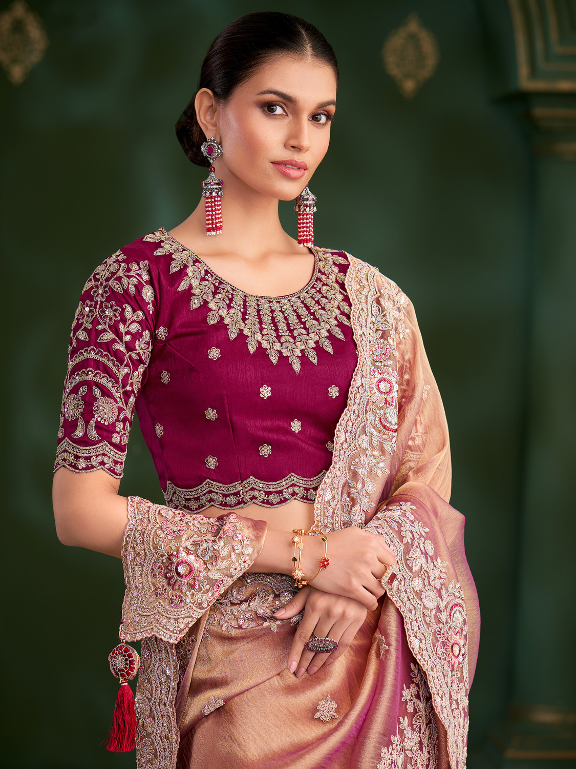 Image of House of Pataudi Embroidered, Floral Print, Self Design Bollywood Tissue Saree