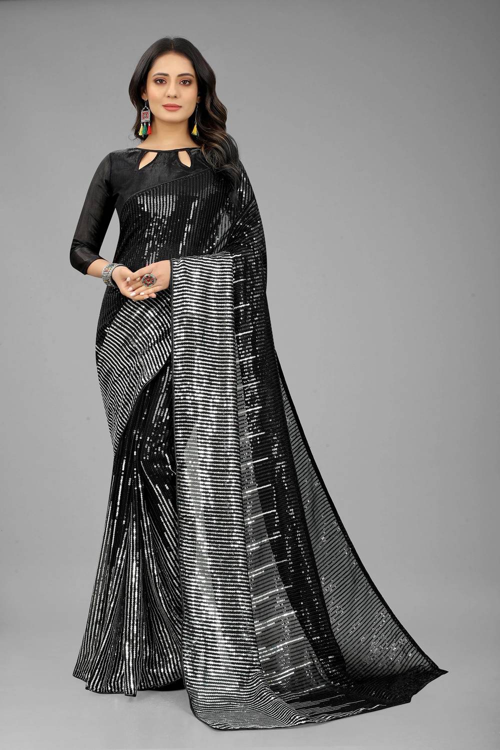 3Buddy Fashion Striped, Embroidered Bollywood Georgette Saree