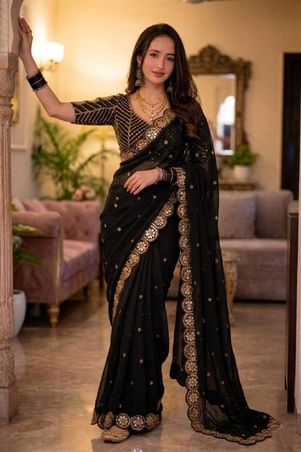 jashvicreation Embellished Bollywood Georgette Saree Black - Image 2