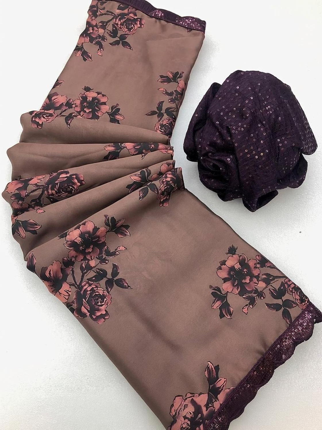 Image of SILKORA Floral Print, Embellished Bollywood Satin, Georgette Saree