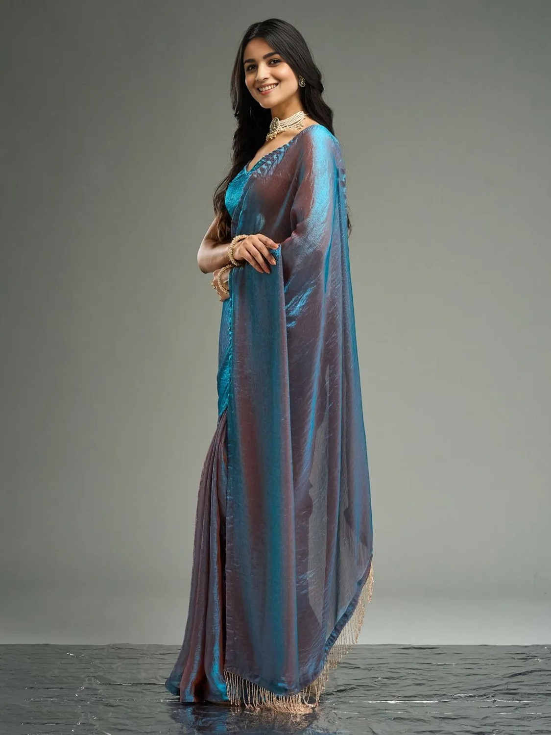 Image of Sidhidata Solid /Plain Pre Draped Saree Chiffon Saree