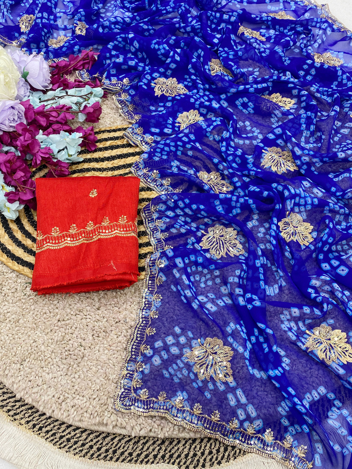 Image of NIRMOHIFASHION Printed Bandhani Georgette Saree