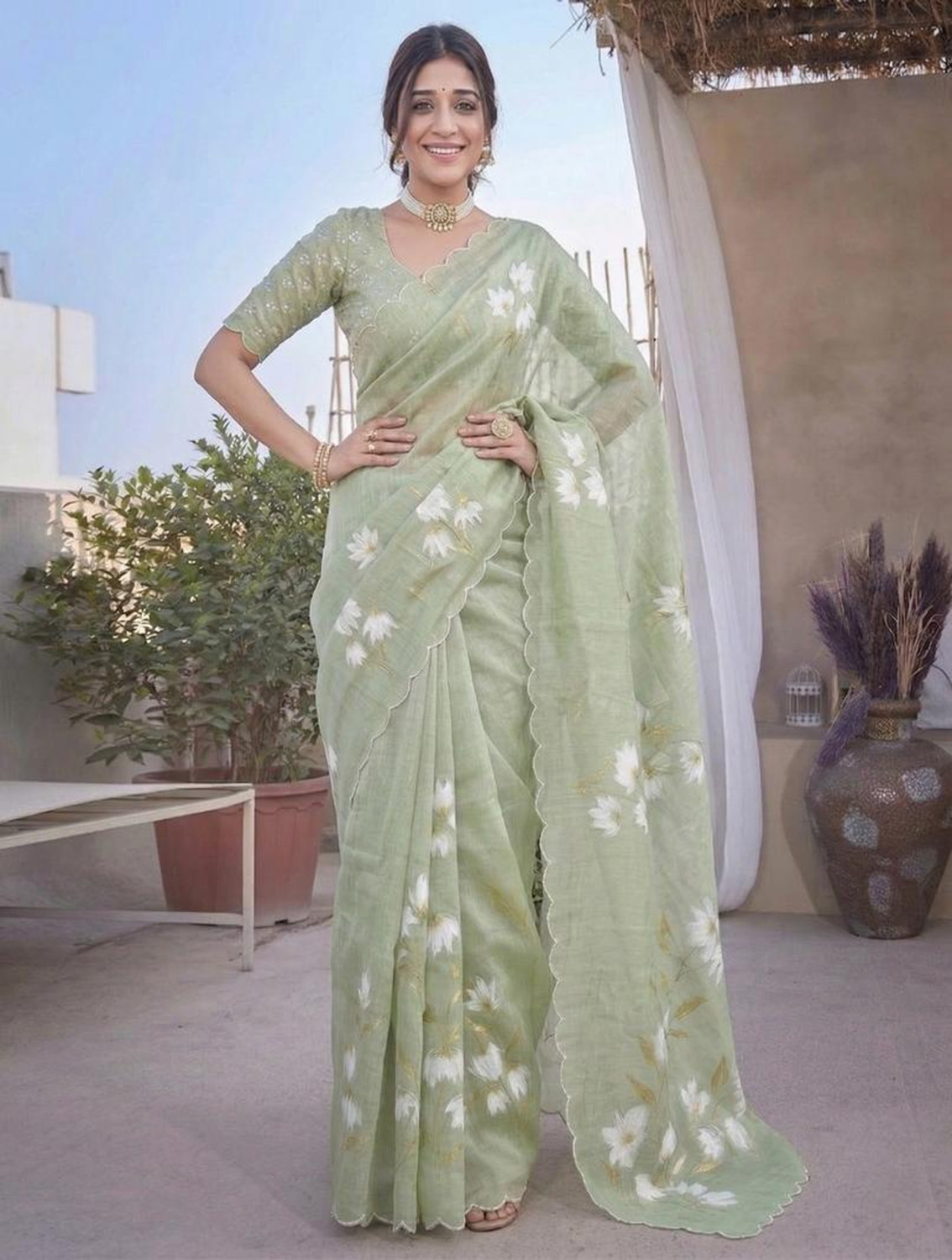 Image of parakhiya fab Printed Daily Wear Cotton Linen Saree