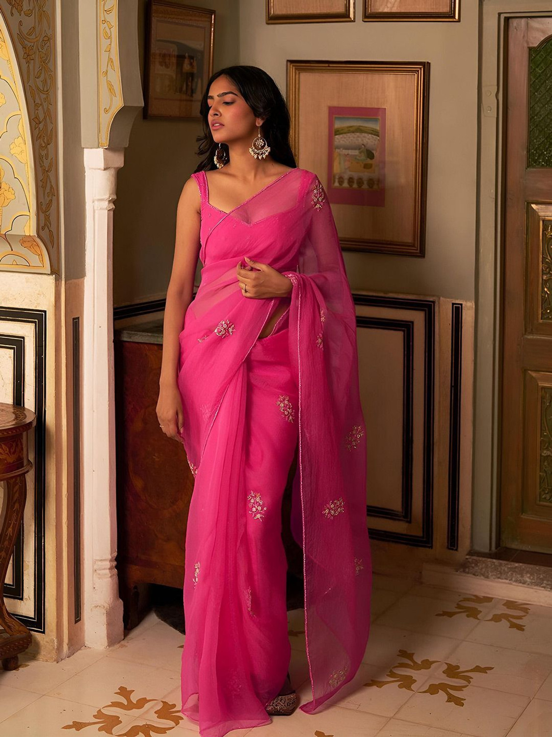Image of ANOUK Embellished Saree with Attached Blouse Organza Saree (Pink)