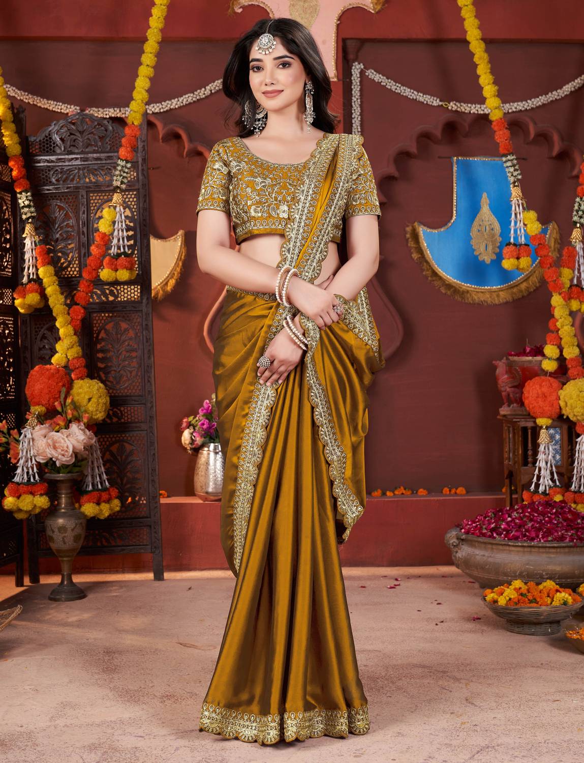 Vivan Fab Embroidered Bollywood Silk Blend Saree (Mustard)