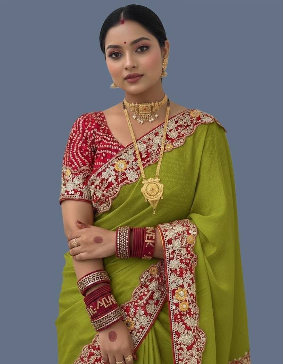 Vraggi Embellished Bollywood Silk Blend Saree, Green