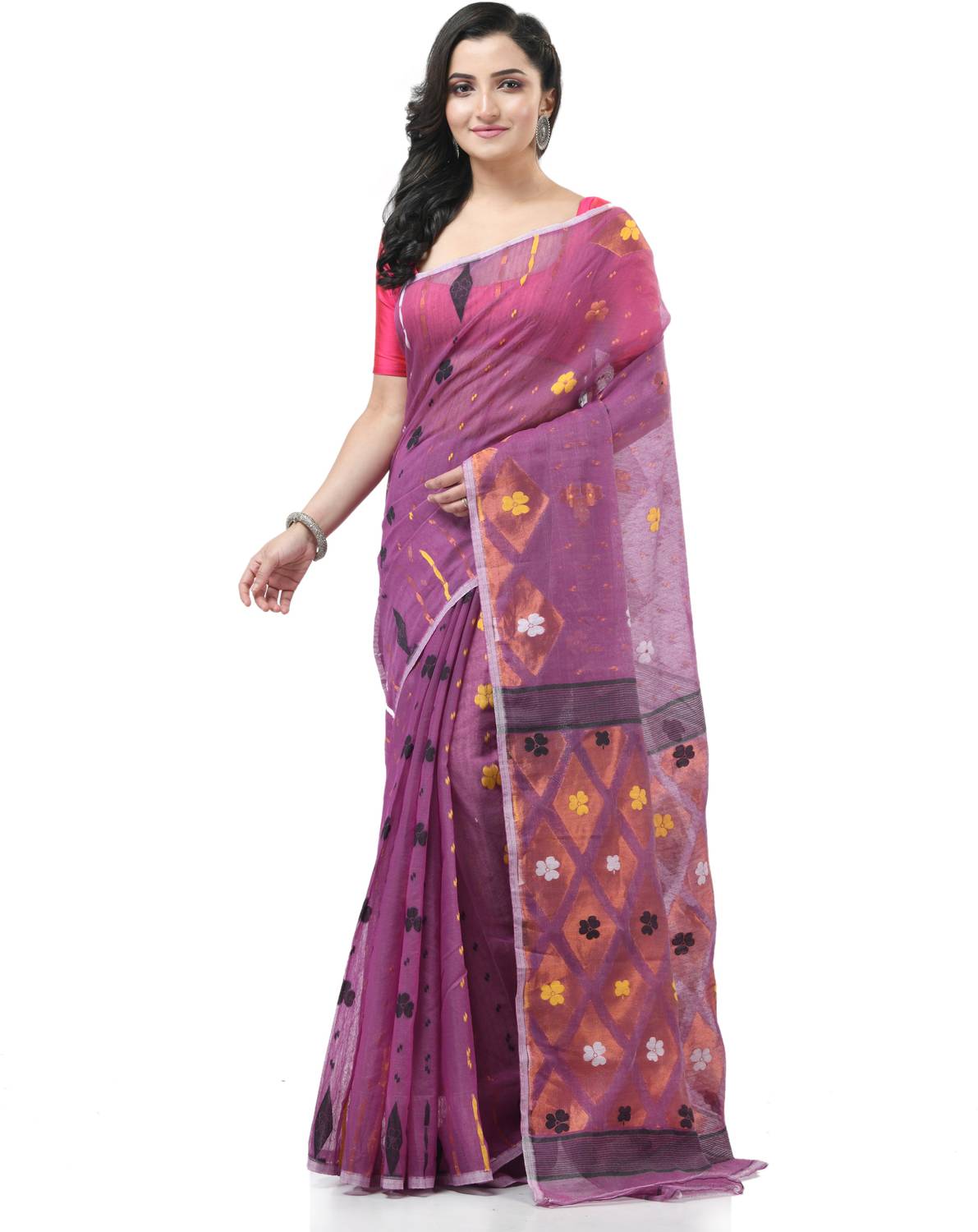 TANTLOOM Floral Print Jamdani Handloom Pure Cotton Saree (Purple)