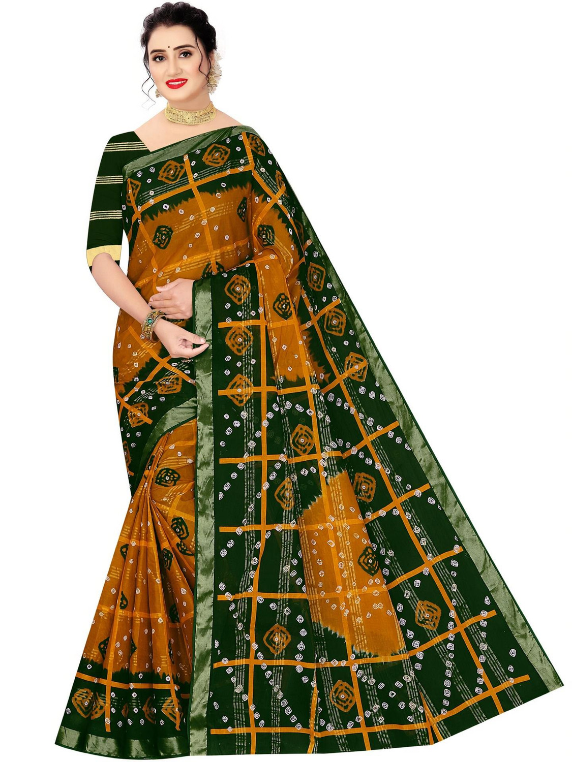 Image of SARITA SAREES Printed, Woven Bandhani Pure Cotton Saree