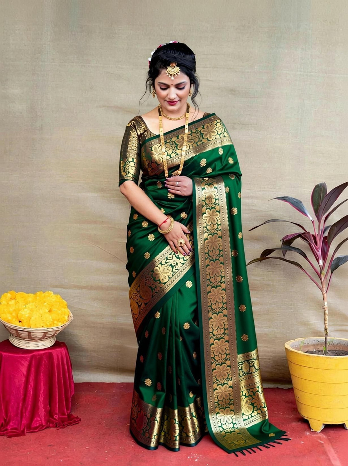 Image of GajGajra Digital Print Banarasi Cotton Silk, Jacquard Saree