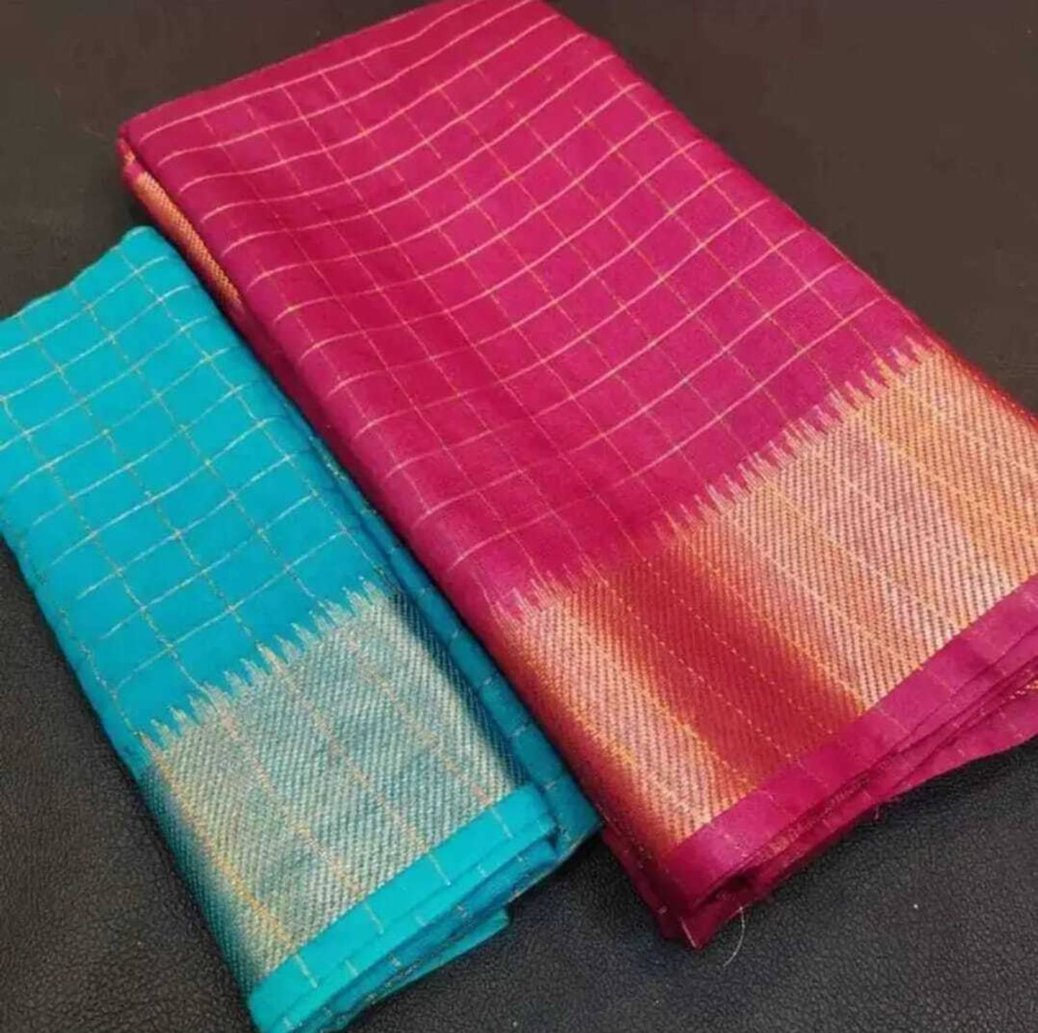 Aamir Fashion Textile Temple Border, Checkered Mangalagiri Handloom Cotton Silk Saree