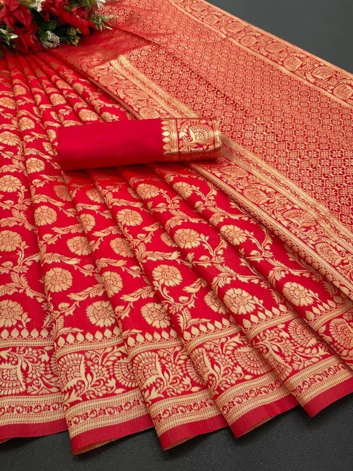 Image of PHEASANT Printed, Self Design, Paisley, Woven, Embellished, Applique Kanjivaram Jacquard, Art Silk Saree