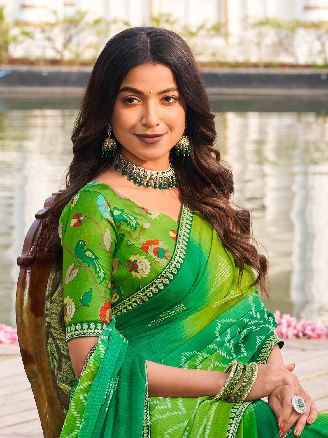 Image of Laxmipati sarees Printed Bollywood Chiffon Saree (Green)