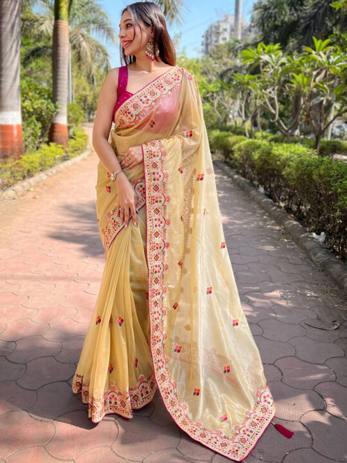 ANOUK Embroidered Yellow Saree with Attached Blouse - Image 1