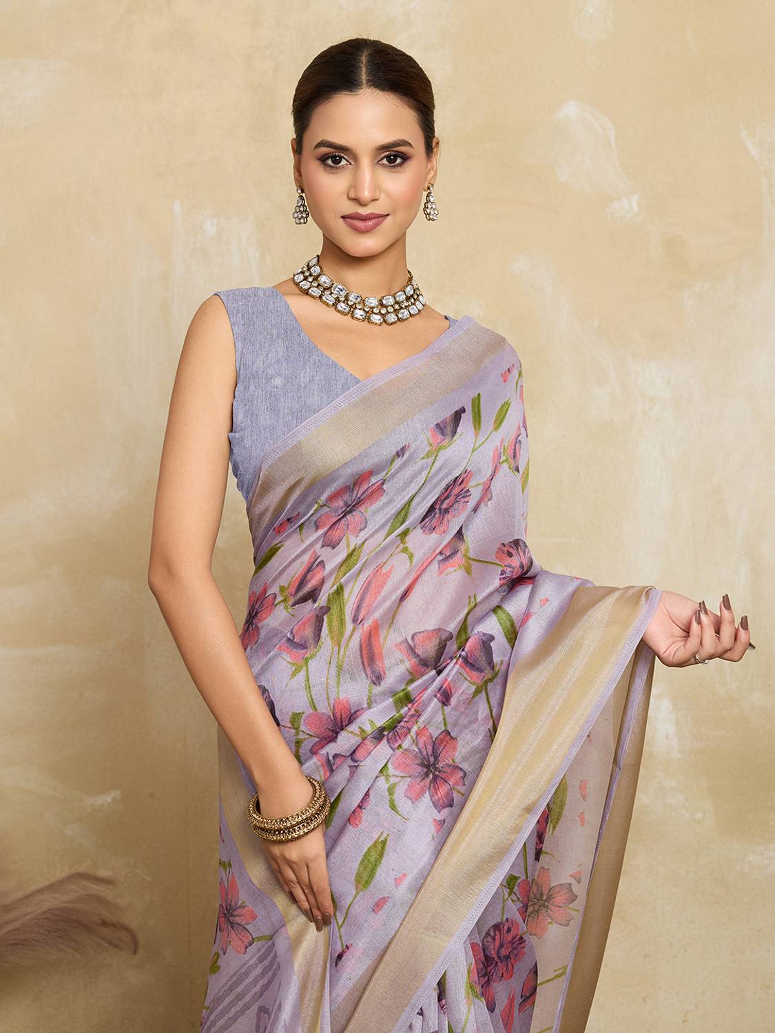 BFM Floral Print Bollywood Cotton Blend Saree