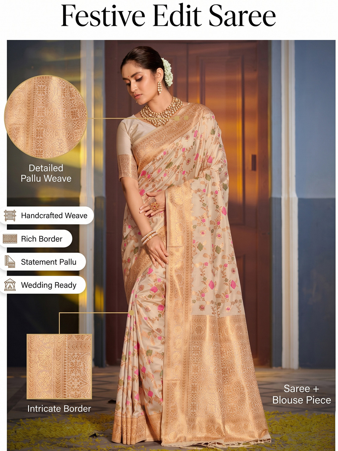Image of Sutriti Woven Banarasi Silk Blend Saree (Cream)
