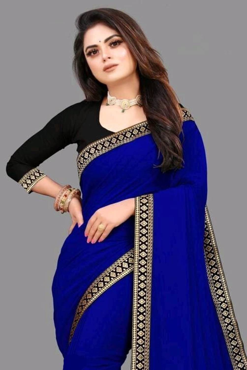 OKTAT Solid/Plain Bollywood Georgette Saree (Blue)