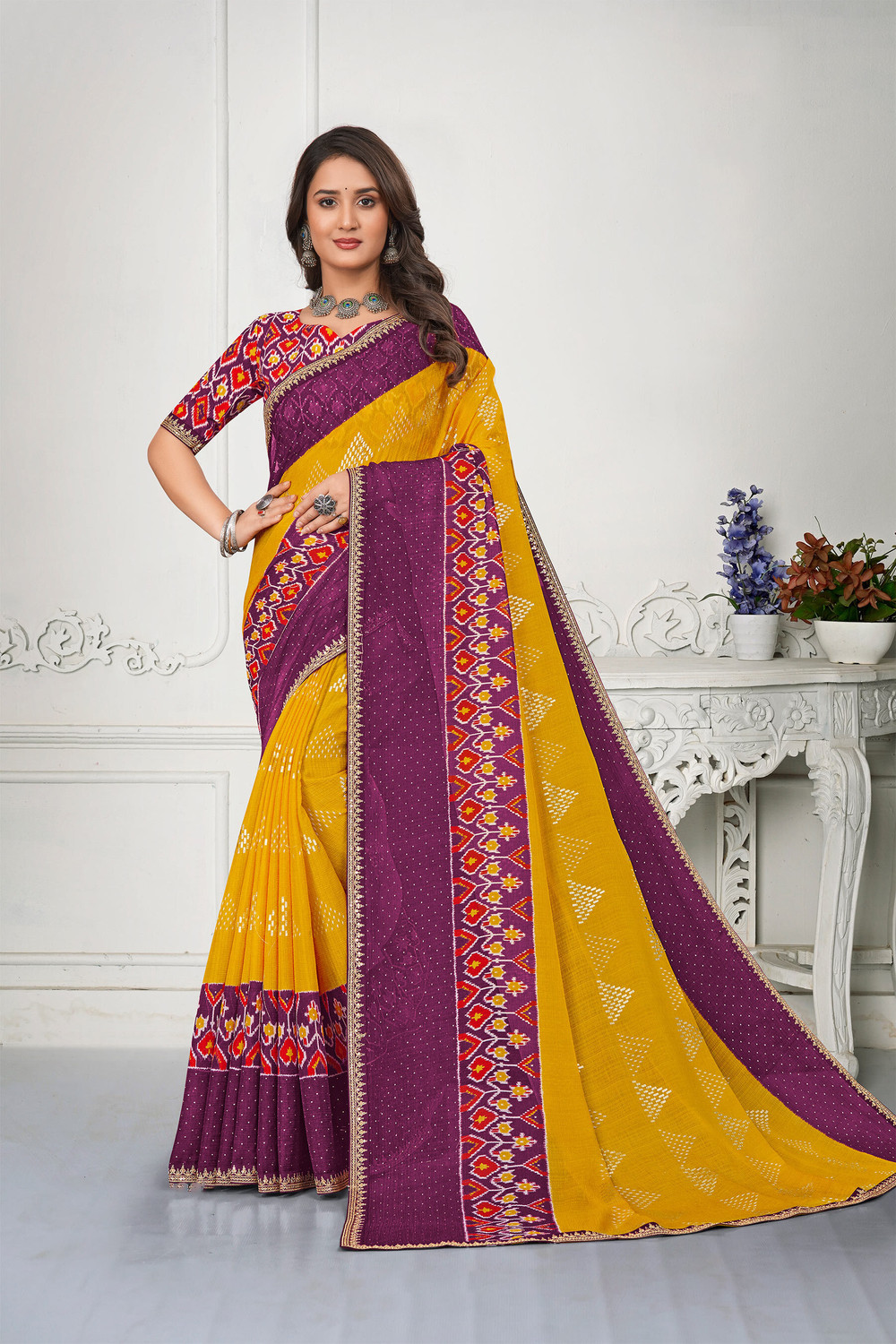 Image of Laxmipati sarees Printed Saree with Attached Blouse Chiffon Saree (Mustard)