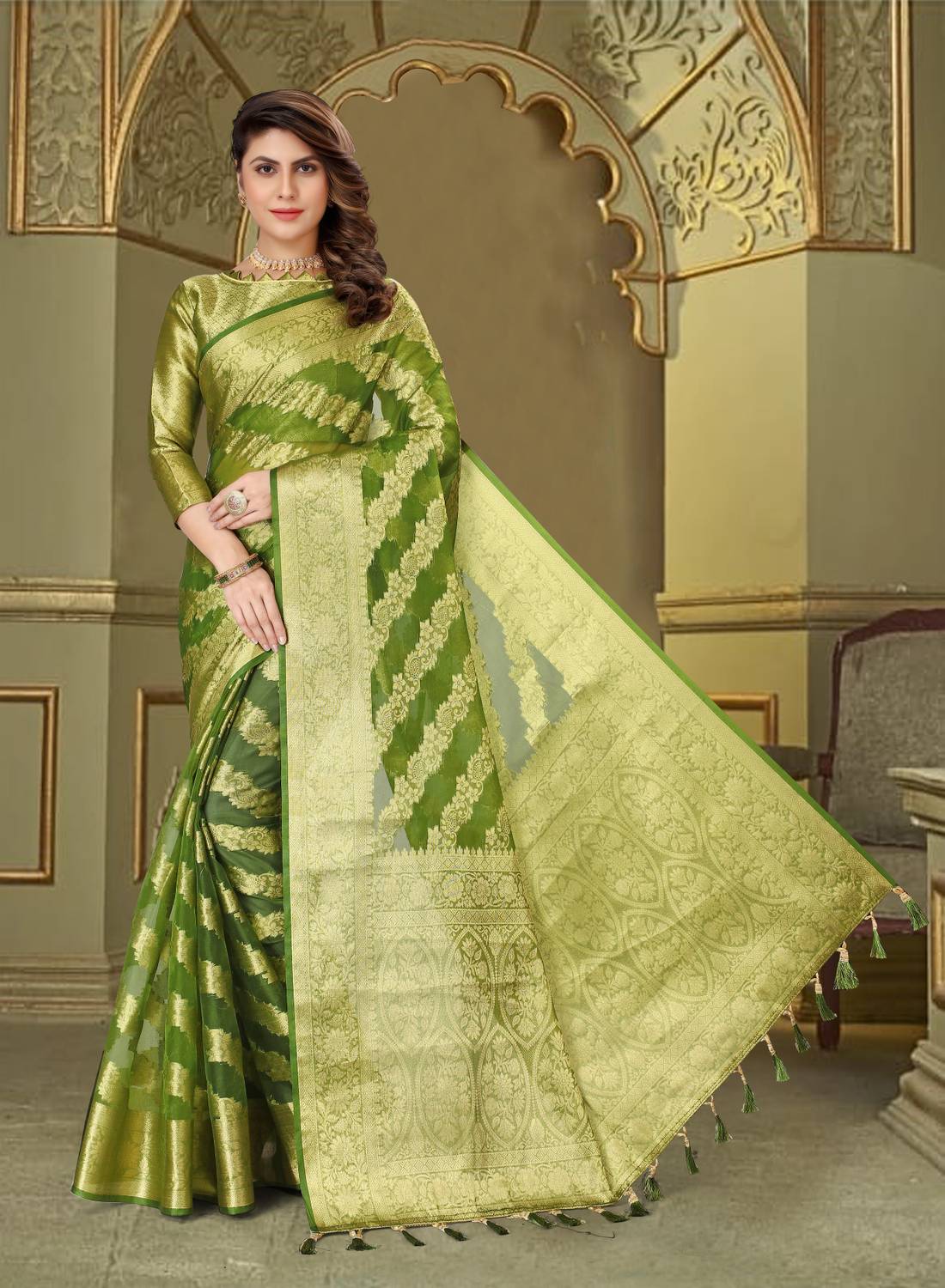 Perfect Wear Woven Banarasi Organza Saree (Multicolor)