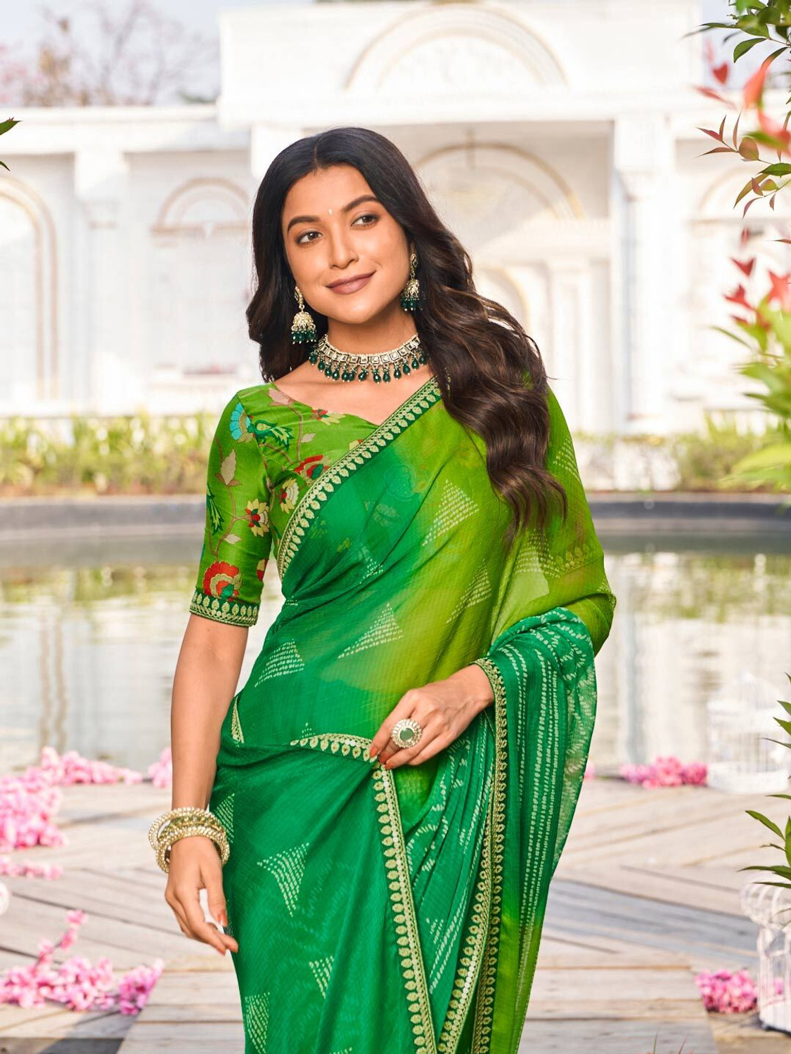 Image of Laxmipati sarees Printed Bollywood Chiffon Saree (Green)