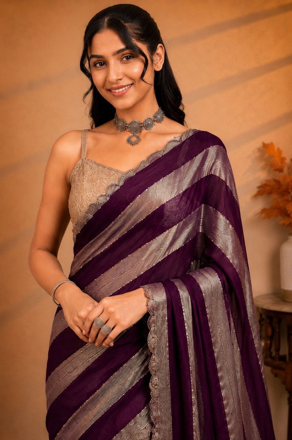 Image of Jay Bajrang Fashion Striped Bollywood Tissue Saree (Purple)
