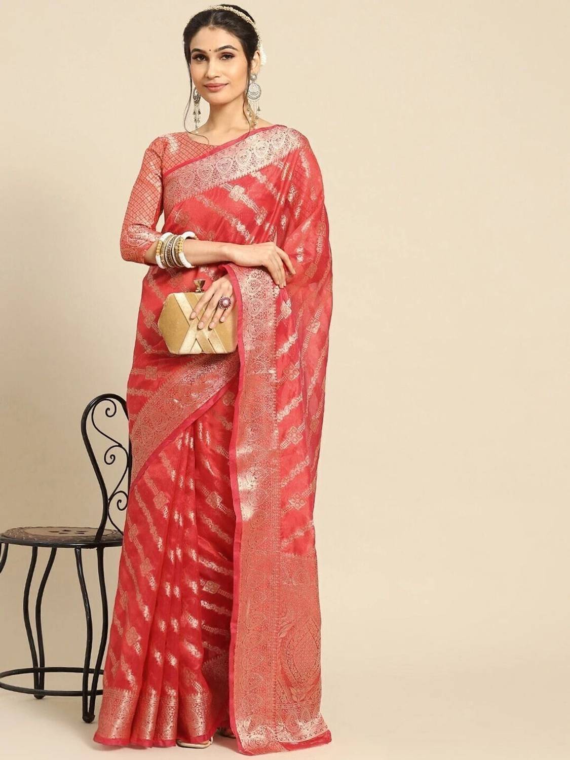 SHRIMAY Floral Print Bollywood Net, Organza Saree (Red)